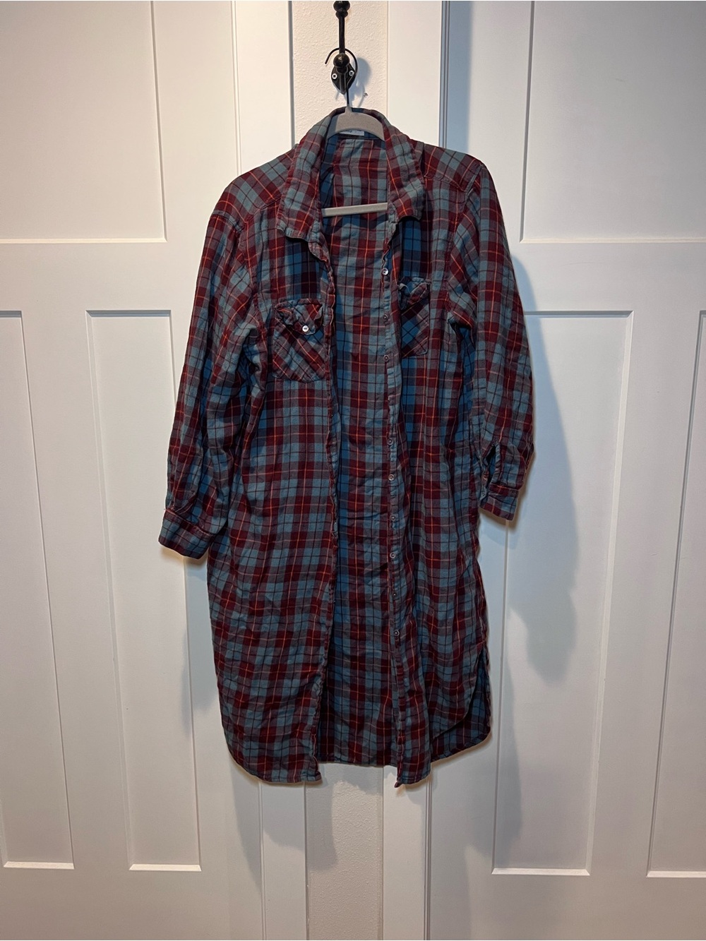 Natural Life Long Plaid Button-Front Shirt Dress in Red and Blue